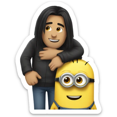 black hair men hugging a minion  sticker