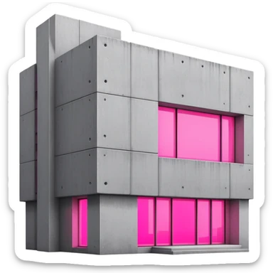Minimalist gray concrete building with one window glowing bright pink, brutalist architecture sticker
