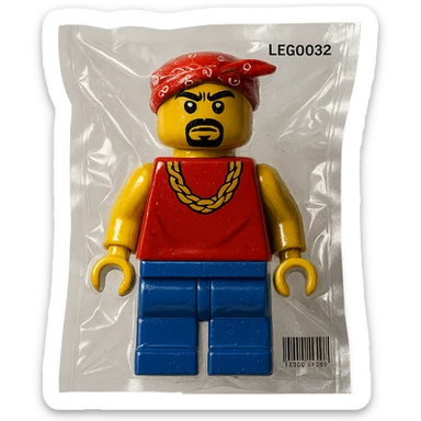 Lego character inspired by Tupac Shakur, with bandana and gold chain, shiny and inflated sticker