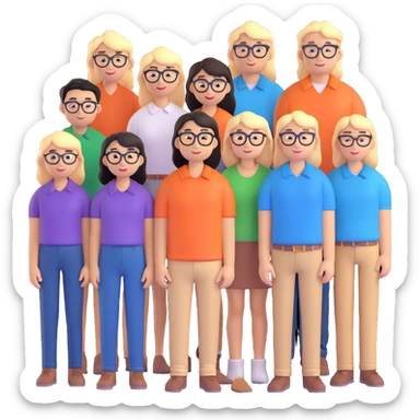 8 people, 5 of which are girls, one with glasses, another Asian, another short, and four guys, one tall and blond, the other two with long hair and one tall and of average build sticker