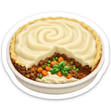 Cinematic Realistic Shepherd's Pie Dish Emoji, depicted with rich, savory minced lamb and vegetable filling topped with creamy mashed potatoes, rendered with exquisite detail and natural warm lighting that highlights its homestyle appeal. sticker