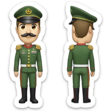 A man with a square mustache a green army uniform that stretches his arm to 120 degrees with hair plated from right to left and black sticker