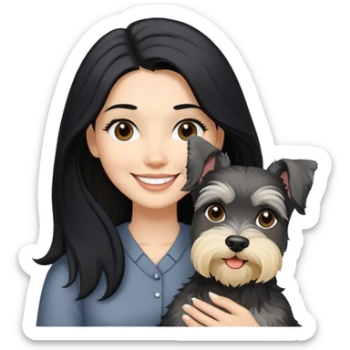 A smilling woman with long black hair holding a blonder Schnauzer sticker