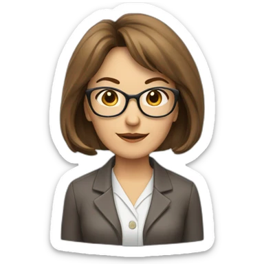 middle-aged accounting woman with middle length brown hairs, a bang, glasses and a loop sticker