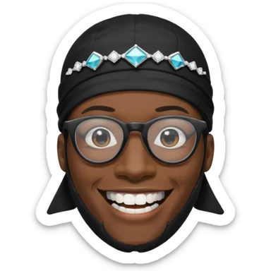 man with black durag,glasses, and smiling with diamond grillz on his teeth  sticker