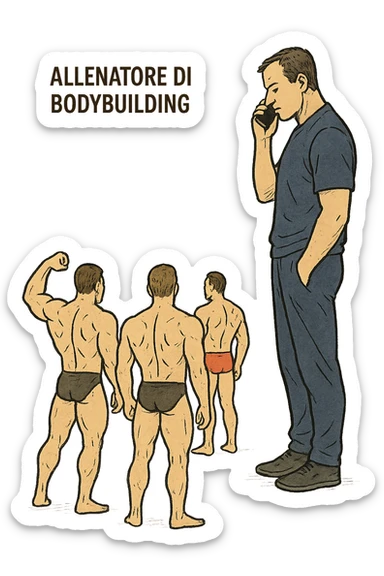 a bodybuilding coach is seen far away on the sidelines, partially turned away from the team or group, engaged in another activity (like reading, texting, or talking on the phone), while the athletes look toward them for support or instruction. The distance between coach and team is visually clear, symbolizing lack of presence. in italiano sticker