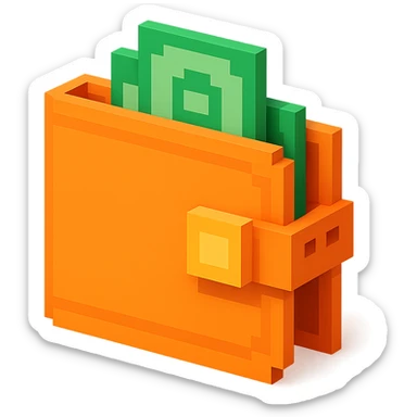 3D voxel style icon of a wallet, with a slightly open flap and stylized pixel details sticker