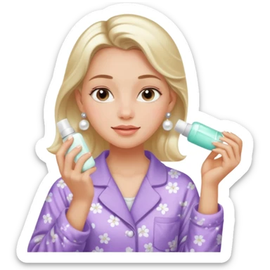 Clean girl aesthetic emoticons, apply skincare products, pearl earrings, glowing skin, pajamas, soft lighting sticker