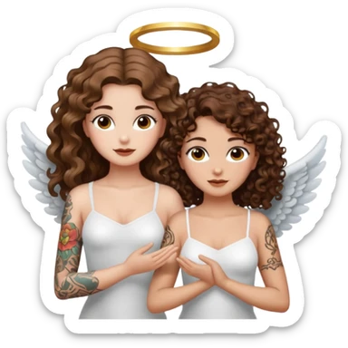 fake angel pose — long wavy brown hair tattooed woman and short tight curly brown hair woman — halo sparkle sticker