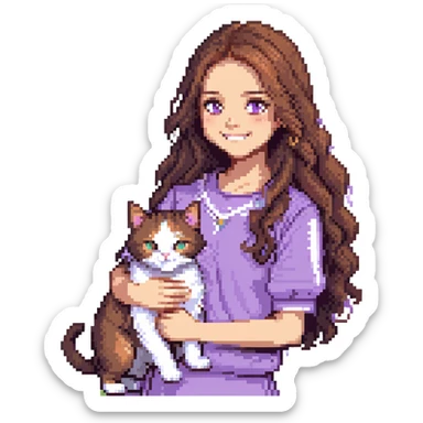 Add a flowery garden background to the scene with a girl with long, wavy brown hair, brown eyes, purple clothes, smiling with a three-color cat beside her in pixel art style. sticker