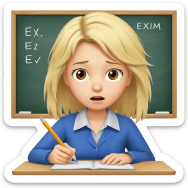 young blonde disheveled hair woman is writing an exam in panic sticker