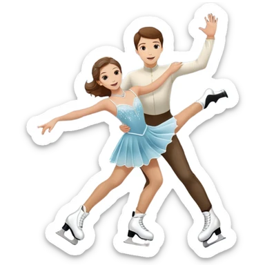 An icon showing elegant figure skates in close-up on a glossy ice surface, with a graceful skater performing in the background. The scene is set inside a grand indoor ice arena with spotlights, decorative banners, and a cheering audience. Transparent background. sticker