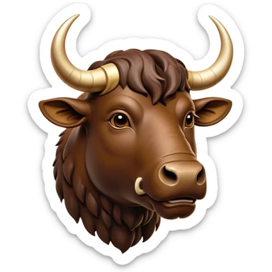 Cinematic Noble Domestic Ox Portrait Emoji, Poised and stalwart, with a massive, muscular build and a thick, smooth hide in deep earthy tones, prominent, curved horns, and steady, soulful eyes, Simplified yet sharp and sophisticated features, highly detailed, glowing with a warm, dignified glow, high shine, intelligent and dependable, stylized with an air of timeless strength, focused and attentive, soft glowing outline, capturing the essence of a watchful and confident ox that feels as though it could plod out of the screen with effortless authority! sticker