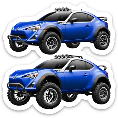 Dirty raced jacked 2013 scion fr-s ultramarine off road 4wd monster Baja dessert stadium racer number 86 with long travel suspension, shiny silver wheels, exaggerated black fender flares sponsored by Pepsi and NASA  sticker