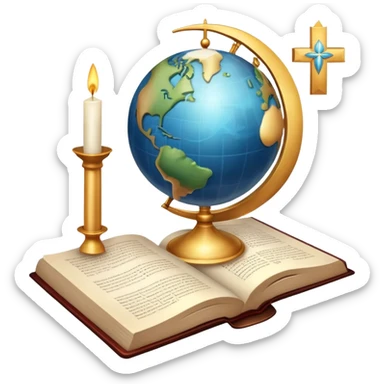 An icon featuring a holy book, a candle, and a cross, symbolizing religious studies. The design includes a globe with various religious symbols: a crescent moon and star (Islam), a lotus flower (Buddhism), representing global belief systems. Transparent background. sticker