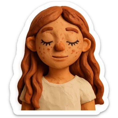 adolescent girl with long wavy hair, freckles, long eyelashes, white top sticker