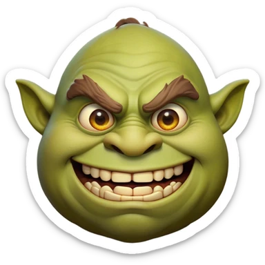 Cinematic Comical Ogre Portrait Emoji, with a strikingly exaggerated, bulky figure in vivid earthy greens and browns, head tilted in a dramatically surprised expression with wide, comically bulging eyes and a goofy, oversized grin, simplified yet hilariously exaggerated, highly detailed with a soft, cartoonish glowing outline capturing the playful absurdity of a meme-worthy ogre! sticker