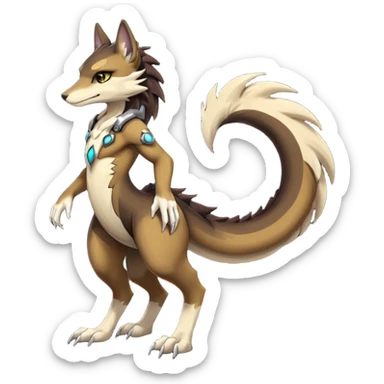 Brown and beige badass elegant wild beautiful natural badass futuristic epic exotic anthro modern furry cyborg-sergal-vernid-creature, full body, dark-brown-black-gradient pretty hair, with a long tufted tail, aesthetic, art by LiLaiRa, art by art by Falvie sticker