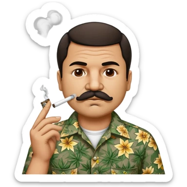 Mexican drug lord El Chapo with mustache and patterned shirt, smoking weed sticker