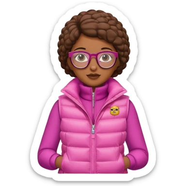 brown skin woman with glasses pink puffer vest sticker