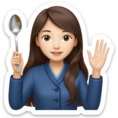 An Asian woman with long brown hair waving and greeting with a spoon in her hand sticker