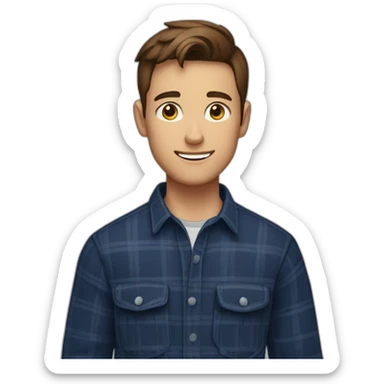 A young man with no beard, neatly trimmed short brown hair, exuding confidence, clad in a navy blue checked flannel shirt. sticker