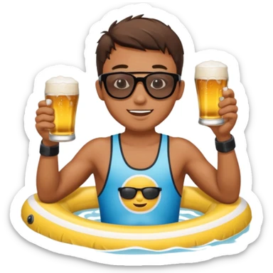 a young dude river tubing wearing sunglasses and swim trunks, drinking a beer sticker