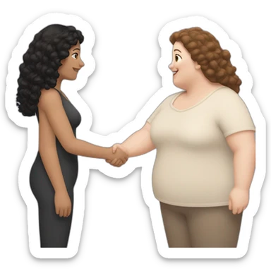 tan chubby woman with black curly hair shakes hands with a chubby pale woman who has straight light brown hair sticker