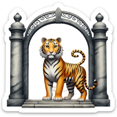 Traditional Chinese ink painting style emoji. A powerful tiger (like the ancient character 虎), standing guard in front of mystical gates (門). Energy swirls around him like a vortex (🌀). Minimalist, transparent background, 512x512 pixels. sticker