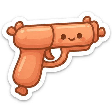 a pistol made out of sausages, fun and lighthearted, cartoonish and cute sticker