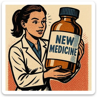 A modern day female scientist holding a large medicine bottle which is labelled 'New Medicine' sticker