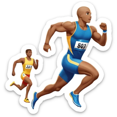 An icon depicting a sprinter in full motion, racing down a track with determination. The background showcases a vibrant stadium filled with cheering fans, bright lights, and a clear sky. The scene captures the speed, power, and focus of athletics.  sticker