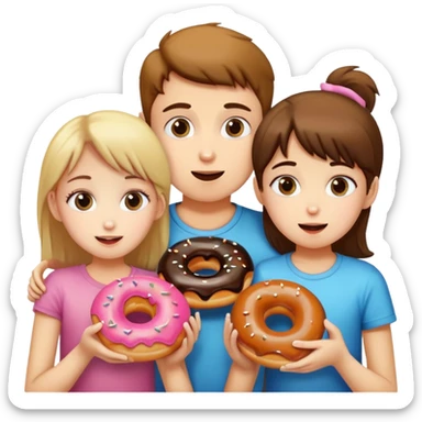 two girls, one boy eating donuts together sticker