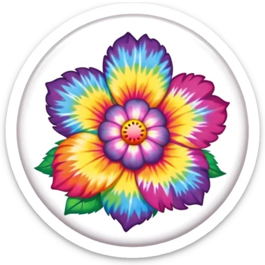 A round tie dye style colored button with a large rainbow colored flower in the center sticker