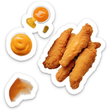 3 chicken tenders with crinkle fries and orange sauce on the side in a styrofoam container styrofoam container sticker