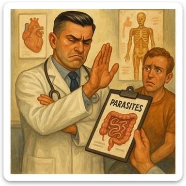 Create a semi-realistic or expressive style image of a male doctor inspired by the reference image, wearing a white coat. The doctor is dismissively waving his hand at a medical report showing intestinal parasites, with a closed or indifferent expression. A patient nearby looks confused. The setting is clinical with anatomical posters. The tone is critical and ironic about denial of health issues. sticker