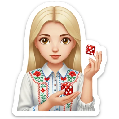A Ukrainian girlin an embroidered shirt holds a dice in her hand sticker