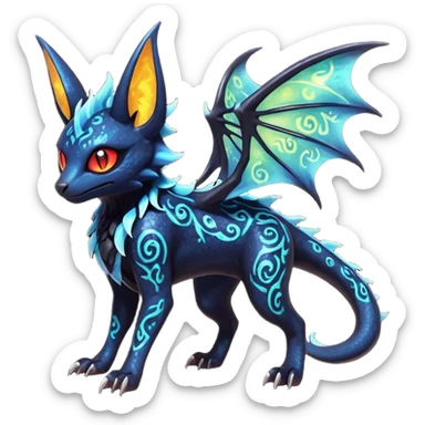 Shiny Fiery Dark Ugly Evil Realistic Glowing Eldritch Horror Cool Edgy Badass Emo Glorious Demonic Batty Dusky Ethereal Sparkly Shimmering Magical Punky Aural Iridescent Fluorescent Bioluminescent Litten-Amaura-Salandit-Noibat-Flareon-Fakémon-fusion (full body) with intricate pattern markings sticker