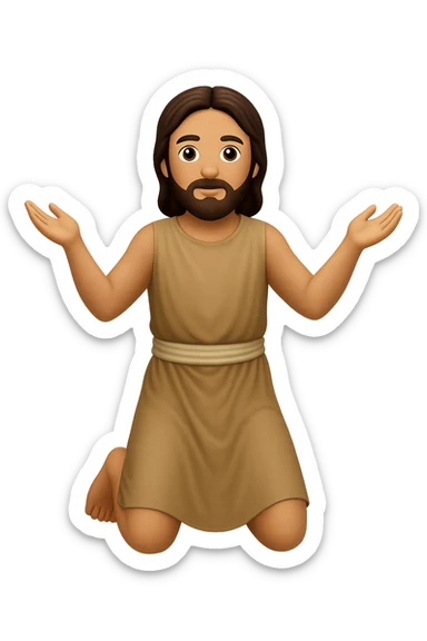 Remake this emoji in apple emoji style with brown hair and no silver handbands, fullbody apostle kneeling pose, new variation 6. Maintain the apple emoji style look and details. sticker