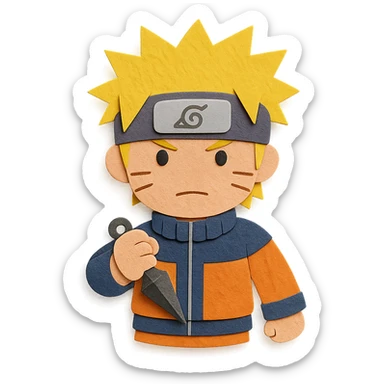 Naruto in layered paper craft style holding a kunai sticker
