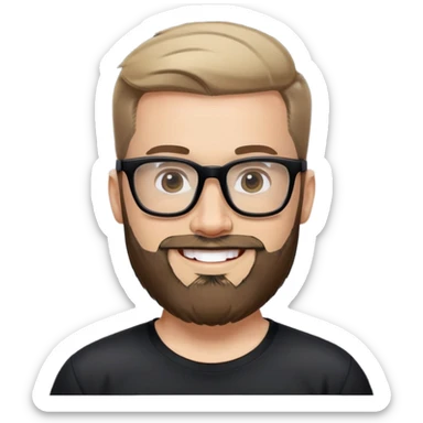 Light-skinned man with full beard, short hair brushed upward, big black glasses frames, happy smile, black sports shirt sticker