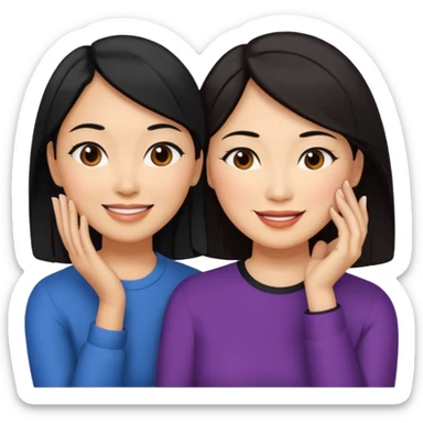 Middle aged light brown skinned woman with black hair, beside a middle aged asian woman with dark brown hair touching their cheek sticker