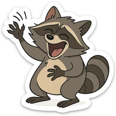raccoon, standing, doubled over with laughter, waving paw sticker