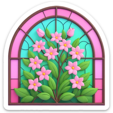 stained glass window with pink flowers and green leaves, arched shape, soft pink background, matching the reference image's composition and colors, 3D iOS emoji style sticker