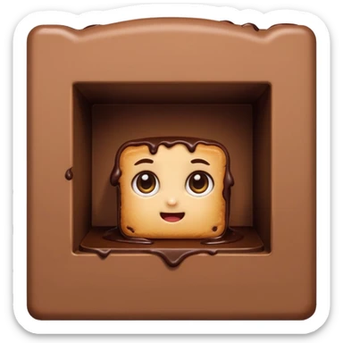 Cartoon chocolate mini pastry peeking from behind tiny wall, suspicious eyes, tiny chocolate smudges, chibi style, Twitch emoji style, transparent background, colorful
 sticker