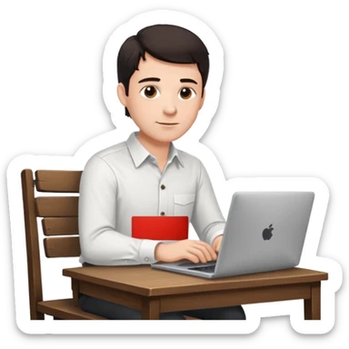 Rich man working setting on a chair in shirt, dark hair, and near the desk with laptop he is german very beautiful looks like sticker