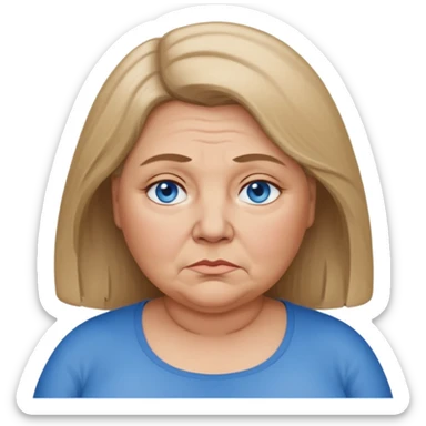 Head image of older very fat dark blonde woman with shoulder length hair and blue eyes. Neutral expression bordering on sad. sticker