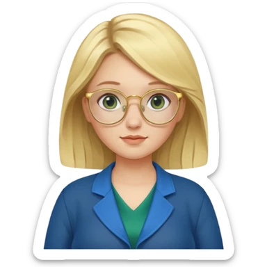 pregnant blonde 18-year old with golden glasses in a bright blue dress and a dark green jacket on top of the blue dress sticker