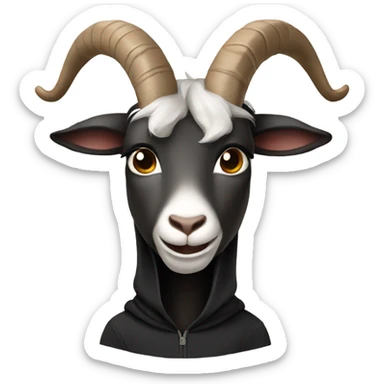 Goat wearing a black hoodie with horns sticker