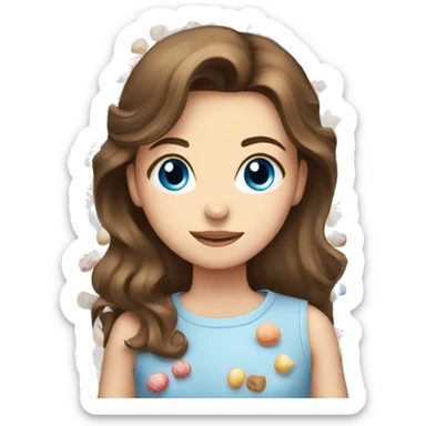 Beautiful brown haired girl with grey-blue eyes and sweets around her sticker